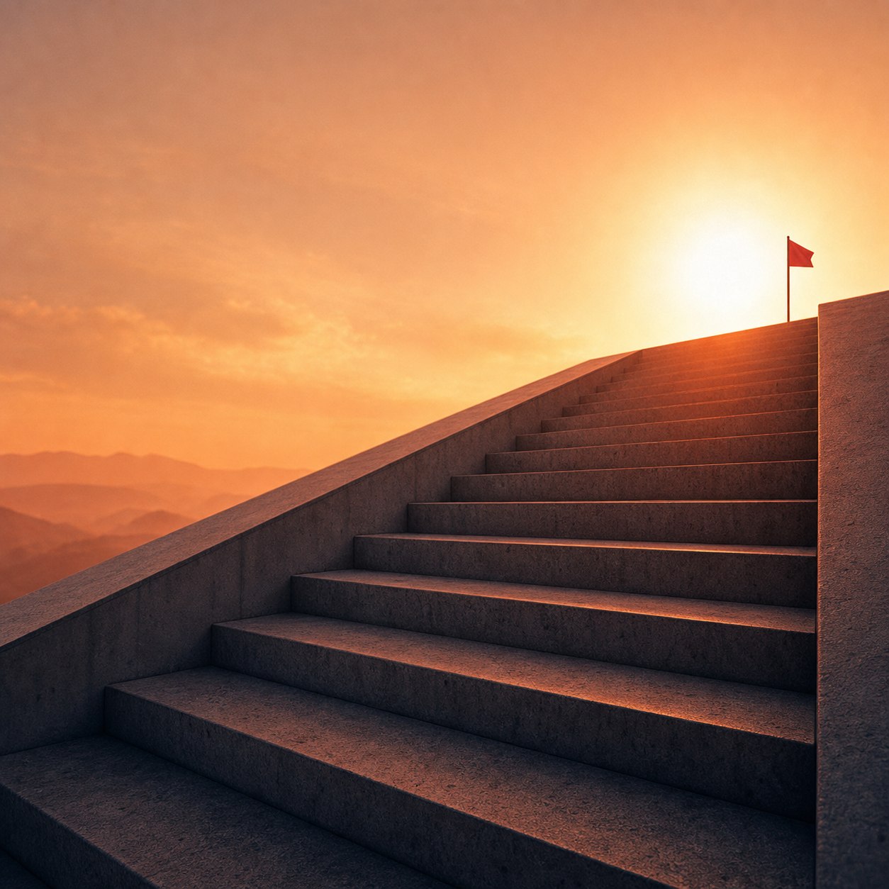 Eine Treppe, die einem warmen Sonnenaufgang entgegenführt