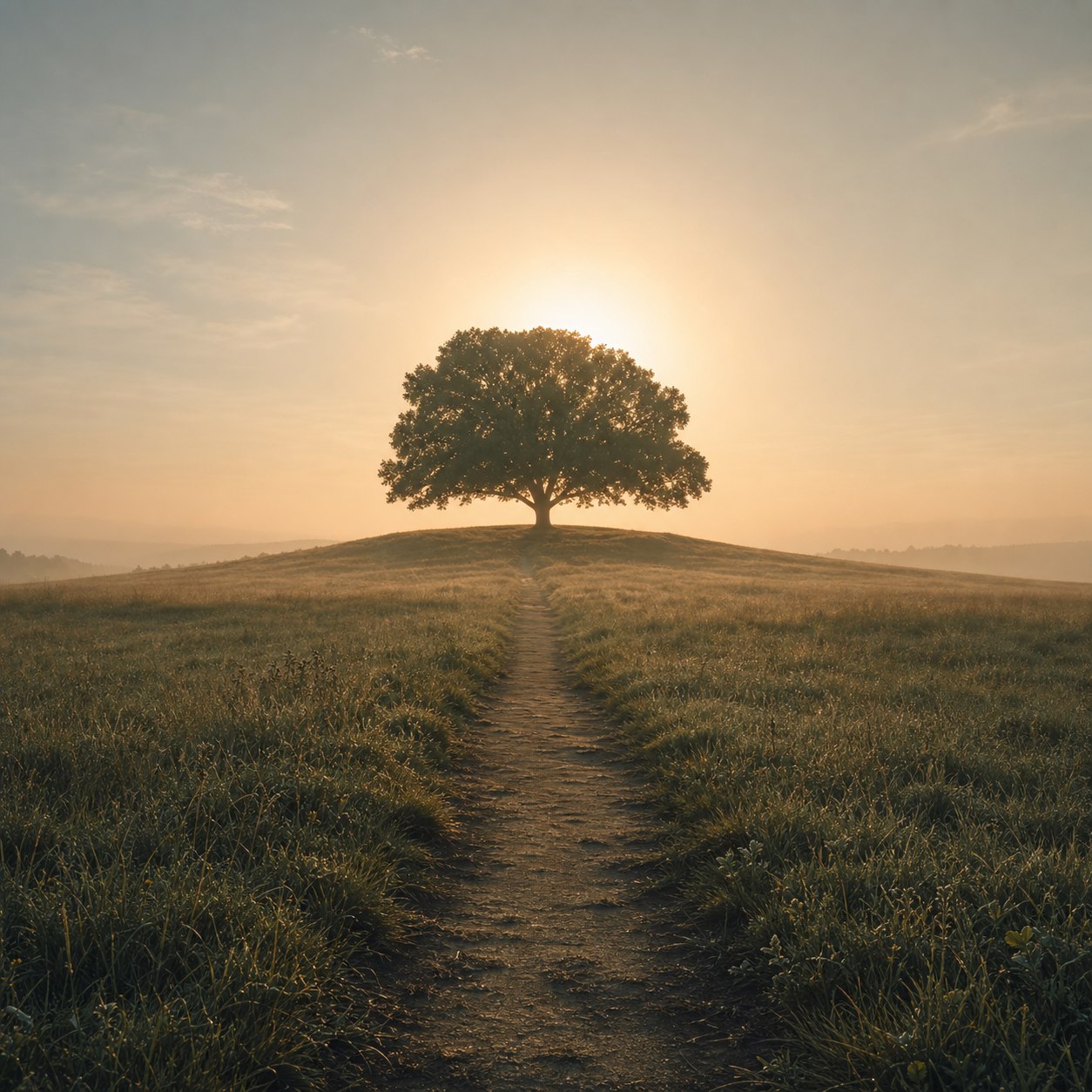 Ein einzelner Baum am Ende eines sonnigen Weges