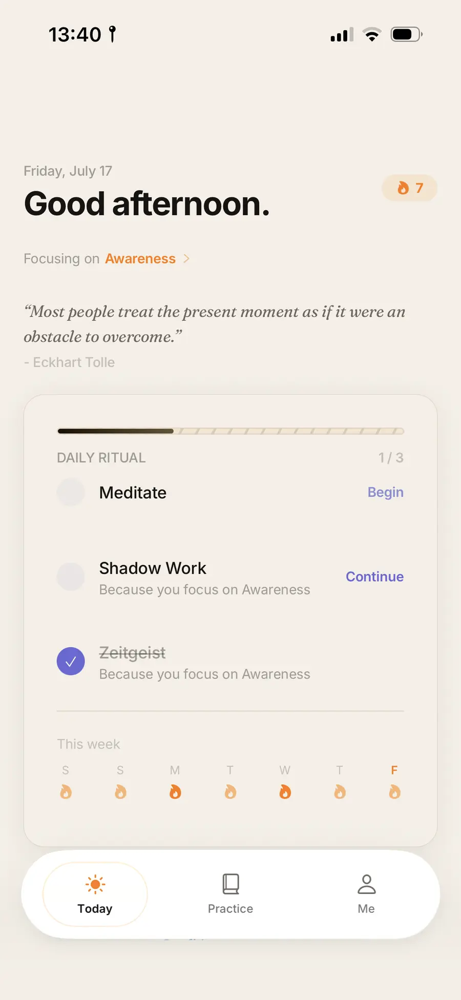 The Fenix Today screen, showing a daily ritual of one meditation, one exercise, and one insight