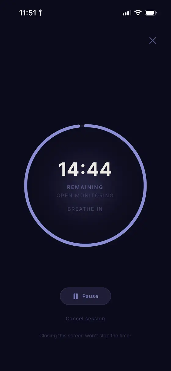 A Fenix meditation running, with a countdown ring reading 14:44 and a breathing cue