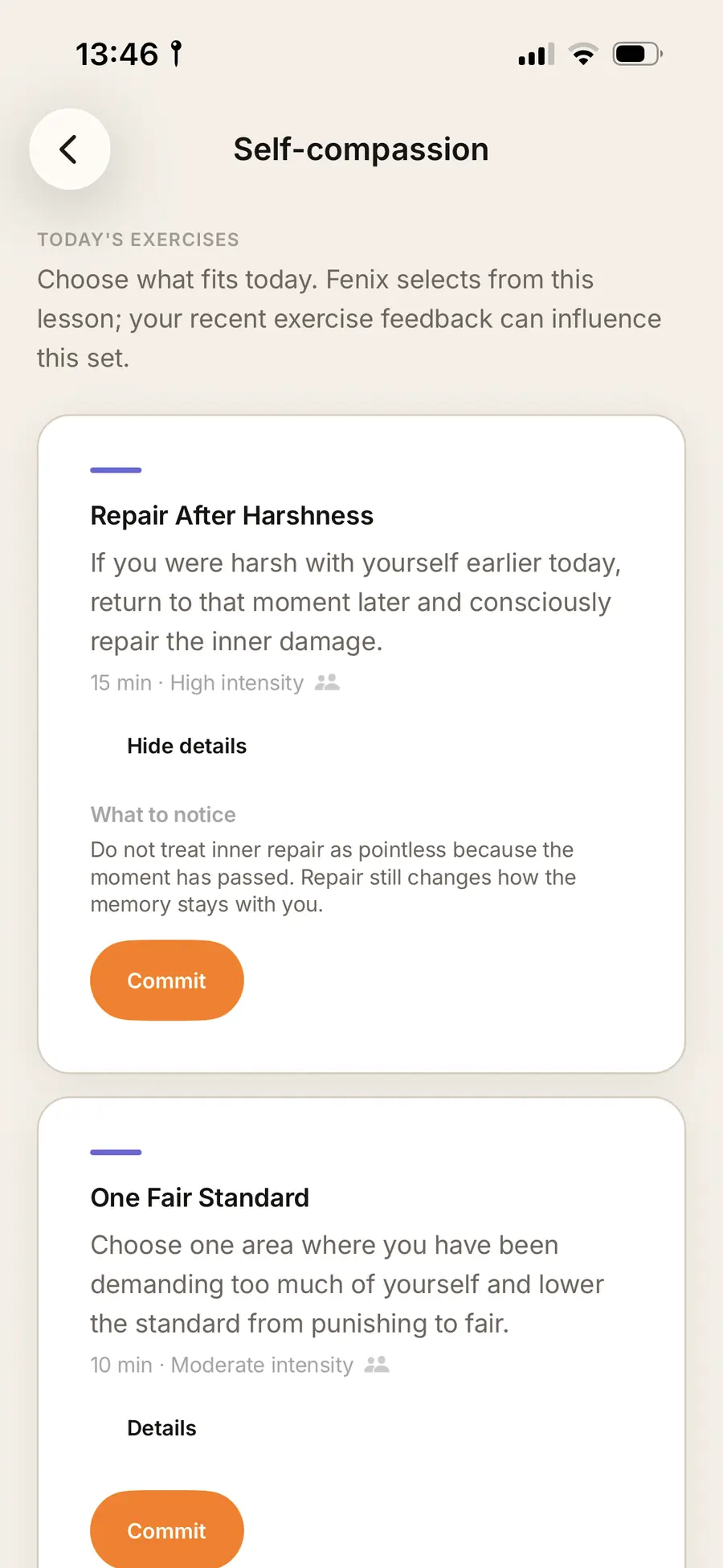A Fenix exercise screen with a small daily practice and a Commit button
