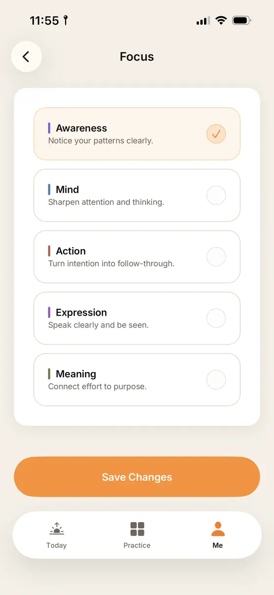 The Fenix focus picker, listing the five domains: Awareness, Mind, Action, Expression and Meaning